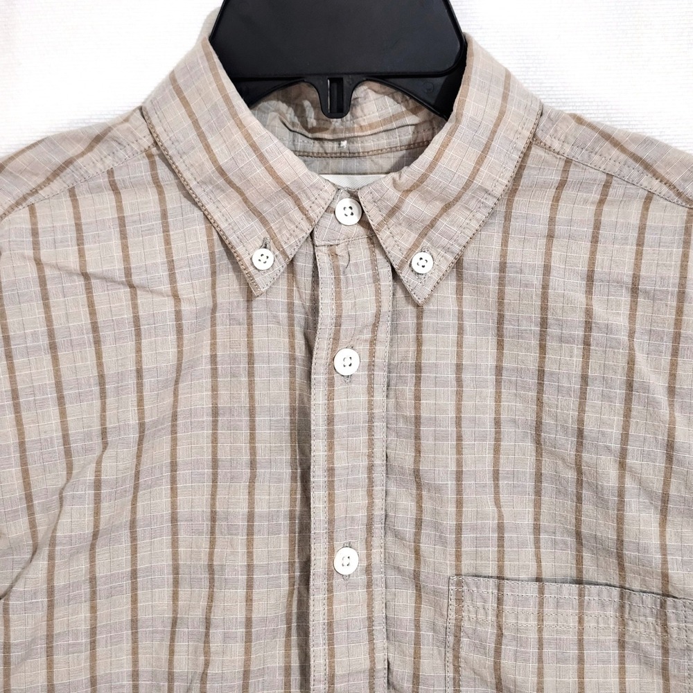 Billy Reid Mens XS Standard Fit Button Down Shirt Tan Beige Grid Striped Cotton‎